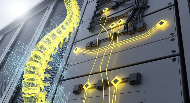 Futuristic digital spine connects to glowing data servers, symbolizing advanced healthcare technology