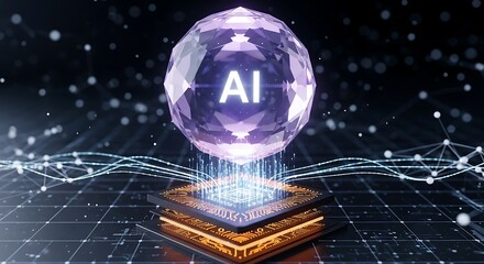 Stunning AI crystal emerges from futuristic glowing processor, symbolizing intelligence and innovation