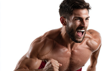 Obraz premium young athlete is captured in dynamic start position mouth open in expression of determination