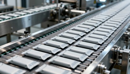 Food Packaging on Automated Conveyor Belt in Manufacturing Plant, Industrial Production Line