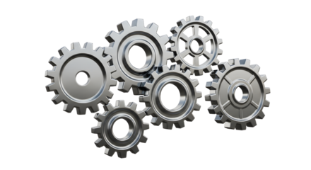 Metallic Gears Interlocking Mechanical Cogs in Silver on White Background