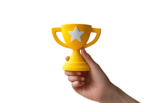 Hand holding yellow trophy with star isolated on transparent background - Powered by Adobe