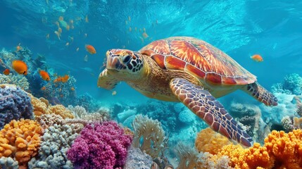 Obraz premium Sea Turtle Gliding Over a Vibrant Coral Reef Ecosystem in Clear Blue Ocean Water