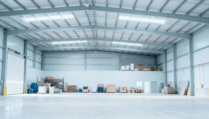 Obraz premium Spacious Commercial Warehouse Interior with Ample Storage Capacity and Natural Lighting for Logistics and Distribution