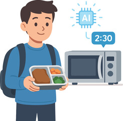 Student microwaving lunch AI suggests safe reheating time shown as chip Illustration