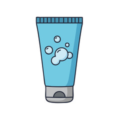 A vibrant blue cartoon tube of shampoo or cleanser with playful bubbles, perfect for illustrating hygiene and personal care products.