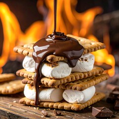 Melted chocolate poured over a stack of graham crackers and marshmallows in front of a fire
