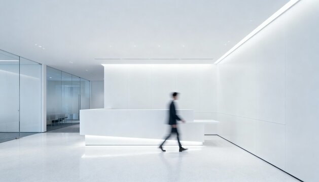 Modern Office Lobby with Reception Desk and Person Walking By in Blurred Motion