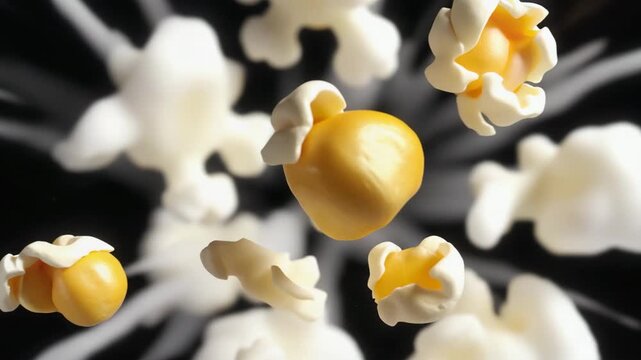 Dynamic popcorn explosion capturing kernel burst and fluffy clouds in zero gravity, cinematic motion.