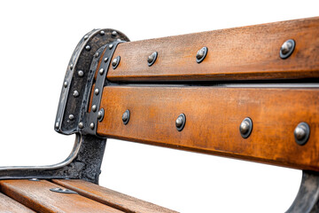Closeup of a wooden bench with metal rivets isolated on transparent background