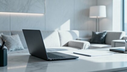Modern Home Office Setup with Laptop on Marble Desk and Cozy Living Room Backdrop