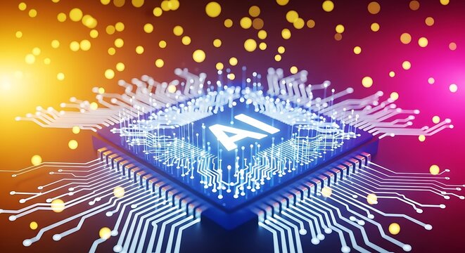 Stunning AI chip powering futuristic digital network with vibrant glowing data streams