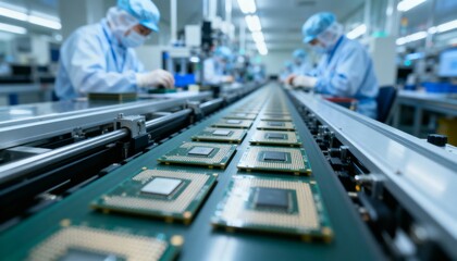 Semiconductor Manufacturing: Microchips on Conveyor Belt in Cleanroom Facility, High-Tech Electronic Production