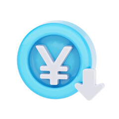 3D render of a light blue Yen currency symbol inside a circle with a white downward arrow, indicating a decrease in value or financial drop.