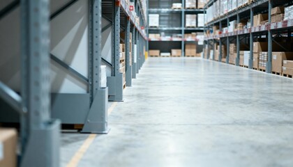 Warehouse Interior with Shelves and Merchandise Boxes, Supply Chain Logistics, Retail Distribution Center