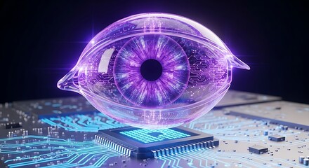 Futuristic AI eye observing digital circuit board with glowing purple circuits and data flow