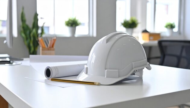 White safety helmet sits on a desk with blueprints, office supplies, and plants, suggesting a workspace for a construction or architecture professional.
