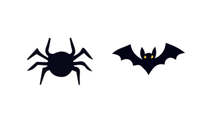 Halloween Spider and Bat Vector Icons Set, Spooky Silhouette Illustrations for Party Decorations and Design.