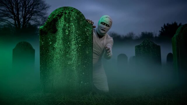 Woman dressed as a mummy peeking from behind a tombstone in a spooky, foggy graveyard for halloween footage.