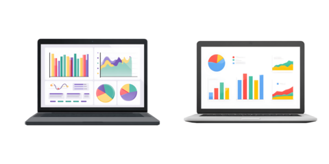 A laptop with graphs for google ads isolated on a transparent background.PNG
