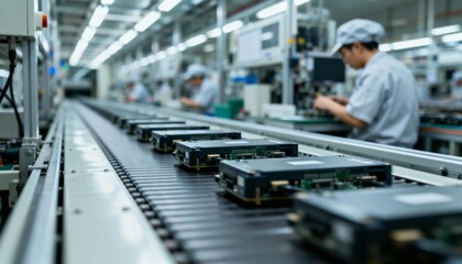 Obraz premium Electronics Assembly Line: Automated Production System with Workers Assembling Components in a Modern Factory