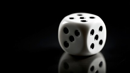 Close-Up Studio Shot of a White Die with Black Pips on a Dark Reflective Surface