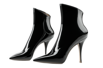 Pair of black patent leather high heel ankle boots isolated on transparent background