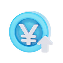 Obraz premium 3D render of a blue coin with a white Yen currency symbol and an upward arrow, indicating financial growth or currency appreciation.