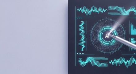 Futuristic AI interface displays glowing data streams and complex analytics for modern technology innovation