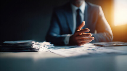 professional individual dressed in sharp business suit is seated at table stacked with financial documents