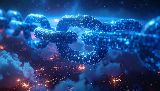 A digital chain glows with data streams, bridging a blurred city skyline under a starlit sky