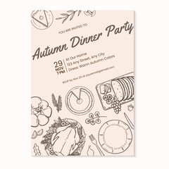 Thanksgiving dinner party invitation with hand-drawn foods seen from above. Vector illustration hand drawn thanksgiving dinner invitation template.