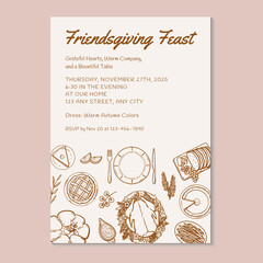 Friendsgiving feast with hand-drawn foods seen from above. Vector illustration hand drawn thanksgiving dinner invitation template.