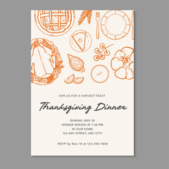 Thanksgiving dinner with hand-drawn foods seen from above. Vector illustration hand drawn thanksgiving dinner invitation template.