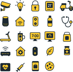 Two-color flat design icon set for remote work, digital tools, and smart devices. Includes Wi-Fi, gadgets, scooter, smartwatch, eco leaf, locks, alarms, stethoscope, and wellness icons.