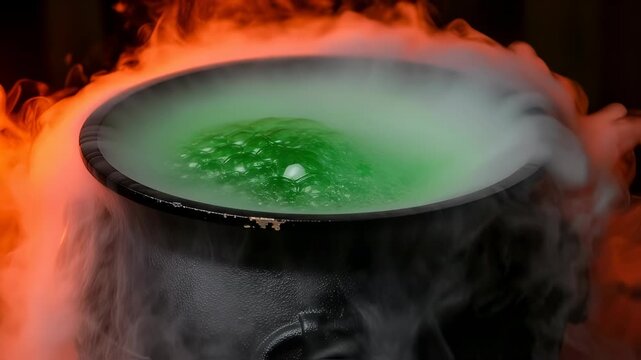Halloween witch cauldron with bubbling green potion and swirling orange smoke, spooky magic brew for a festive October Halloween night footage.