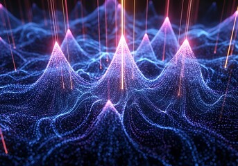 Dynamic abstract data visualization with glowing particles creating mountain-like waves and light beams