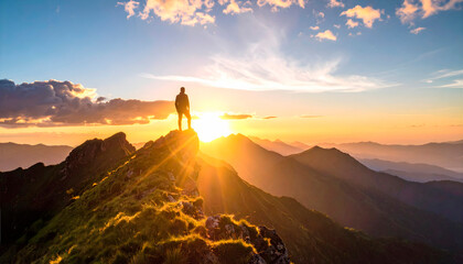 Ein Wanderer genie&szlig;t vom h&ouml;chsten Punkt den Blick bei Sonnenuntergang auf die Berge.