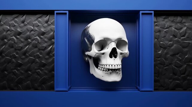 White skull in a blue framed display