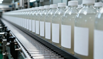 Obraz premium Production Line: Clear Bottles Moving on Conveyor Belt in a Manufacturing Facility, White Labels