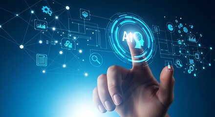 Hand touching futuristic AI interface with glowing data connections and icons symbolizing innovation and technology