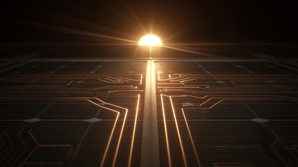 Fototapeta premium A futuristic solar panel array with intricate circuitry patterns illuminated by sunlight,