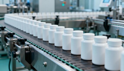 Obraz premium Pharmaceutical Manufacturing: White Plastic Bottles Moving on Automated Conveyor Belt in a Modern Production Line