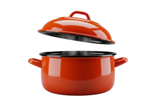 Vibrant orange enamel cooking pot, glossy, with levitating lid, heat haze rising, isolated on transparent studio, low-angle, concept of modern kitchen technology