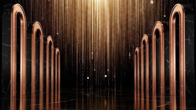 An awards show background as an elegant seamless loop. A golden light waterfall and shimmering particles create a prestigious Hollywood atmosphere. Ideal for a nomination intro or corporate event open