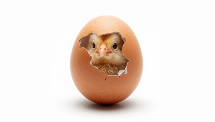A cute chick peeks out from a cracked eggshell against a white background.