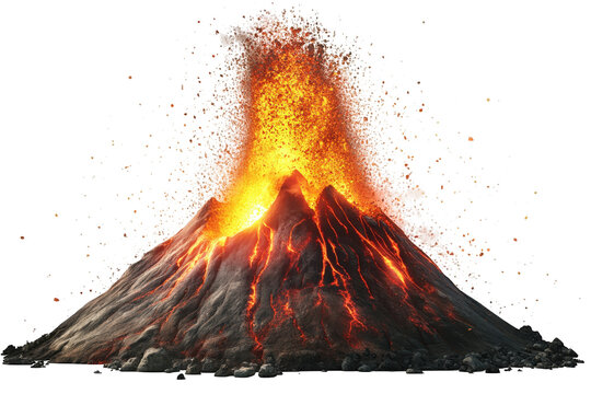 Volcano eruption with glowing lava and ash exploding isolated on transparent background