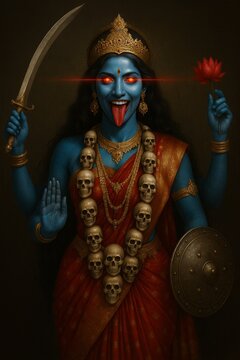 Goddess Kali in deep blue skin with gold ornaments and skull garland radiating a divine spiritual aura.