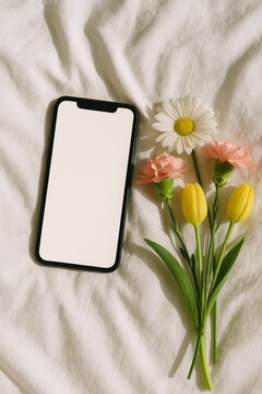 Minimalist Smartphone with Spring Flowers on White Bed