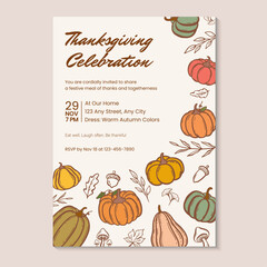 Thanksgiving celebration invitation template with colorful hand-drawn pumpkins and autumn leaves. Vector illustration hand drawn thanksgiving dinner invitation template.